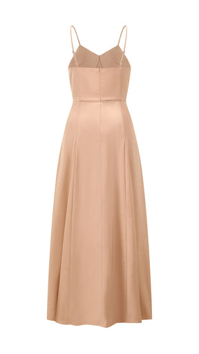 Abito midi in raso donna, spalline sottili, scollo a V, gonna a campana elegante