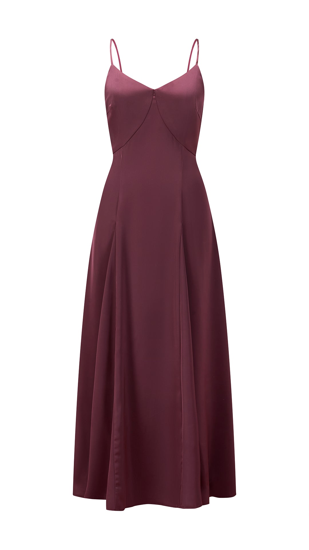 Abito midi in raso donna, spalline sottili, scollo a V, gonna a campana elegante