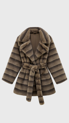 Cappotto medio donna in pelliccia sintetica, ampio collo a rever con cintura regolabile