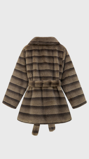 Cappotto medio donna in pelliccia sintetica, ampio collo a rever con cintura regolabile