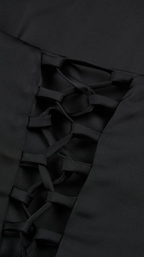 Abito lungo elegante con scollo a collo alto a fiocco, design bicolore con top asimmetrico e gonna fluida