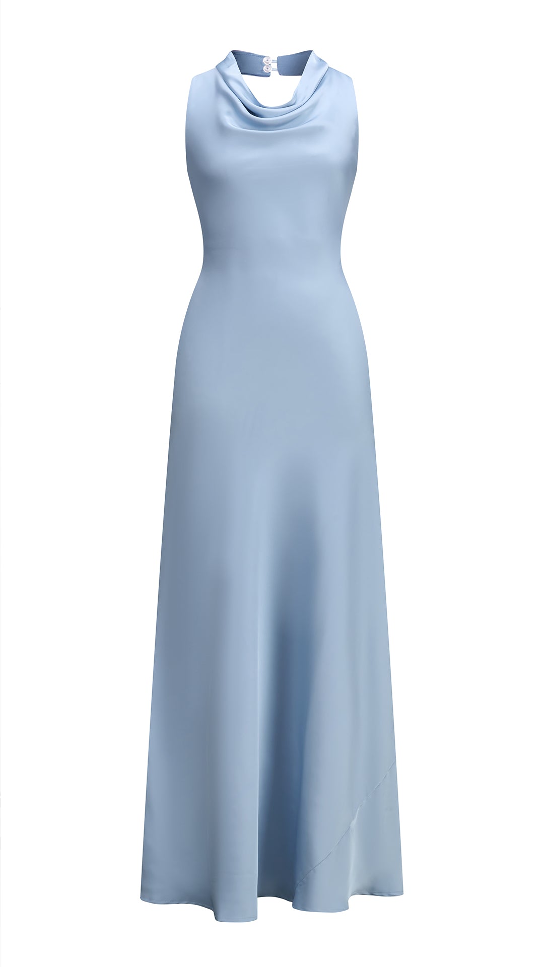 Abito lungo elegante senza maniche con scollo a collo drappeggiato e dettaglio a fibbia, in tessuto fluido, per cerimonie e occasioni speciali