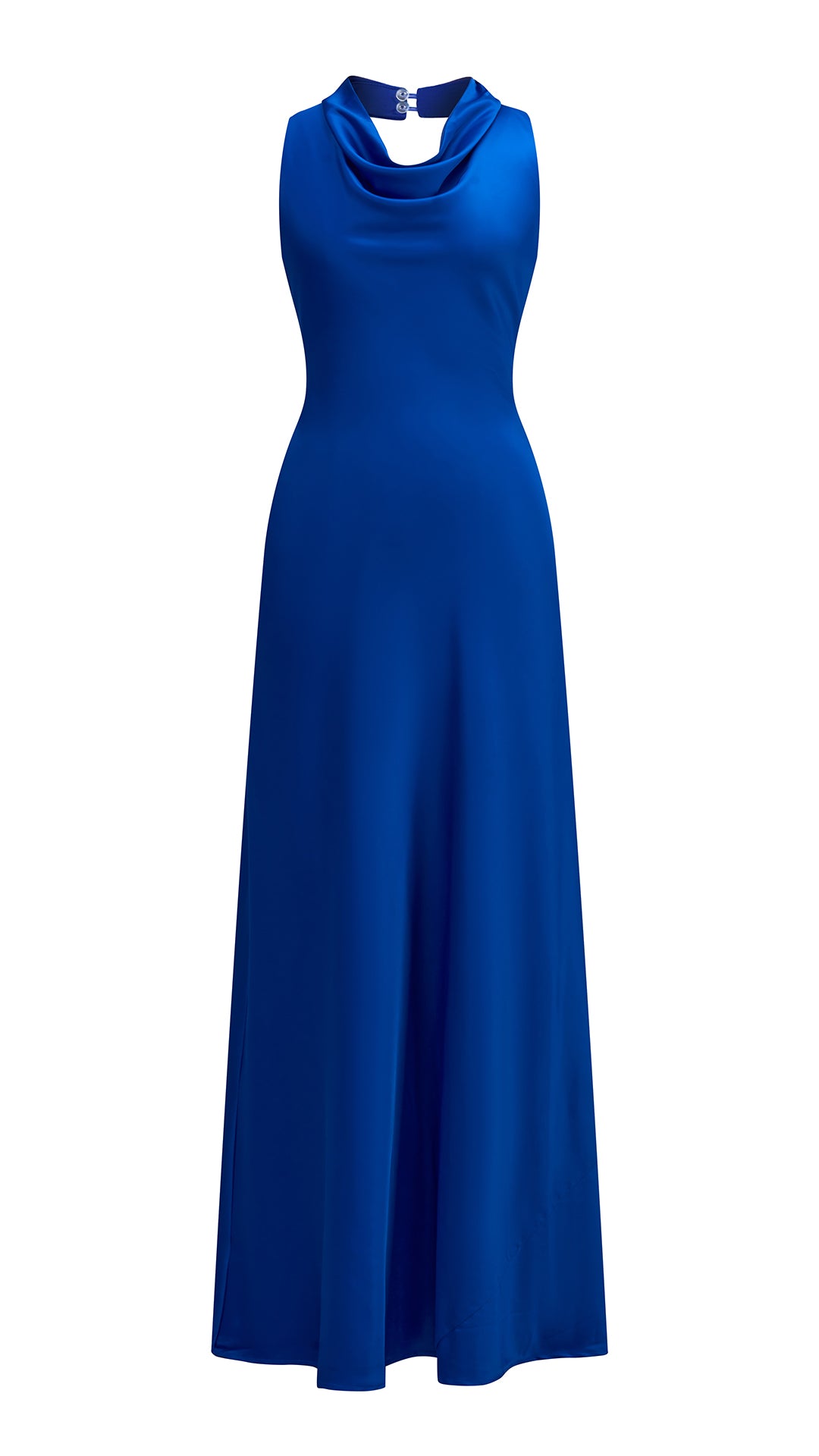 Abito lungo elegante senza maniche con scollo a collo drappeggiato e dettaglio a fibbia, in tessuto fluido, per cerimonie e occasioni speciali