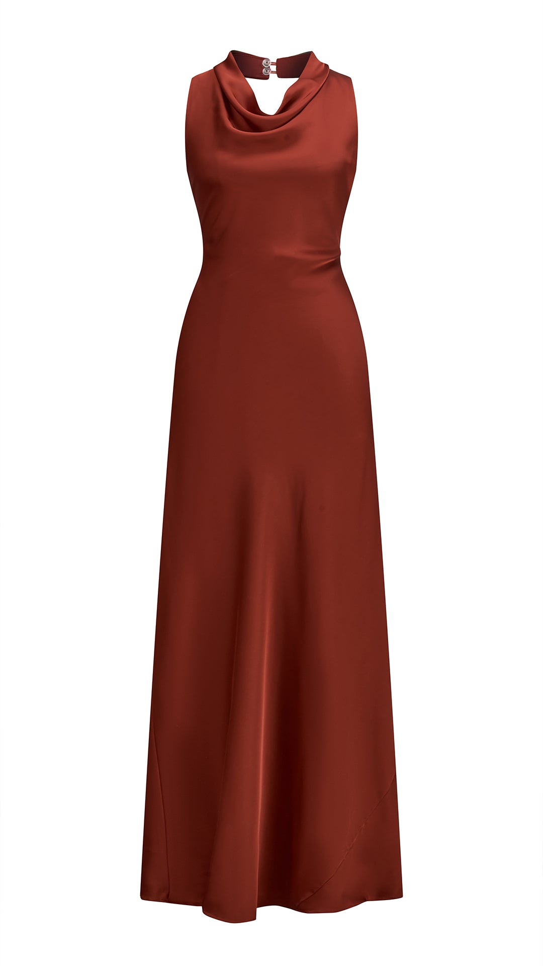 Abito lungo elegante senza maniche con scollo a collo drappeggiato e dettaglio a fibbia, in tessuto fluido, per cerimonie e occasioni speciali
