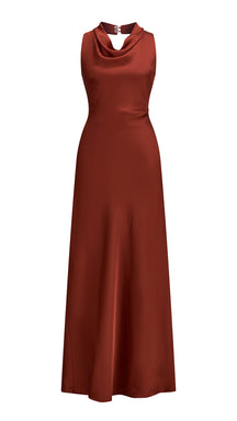 Abito lungo elegante senza maniche con scollo a collo drappeggiato e dettaglio a fibbia, in tessuto fluido, per cerimonie e occasioni speciali