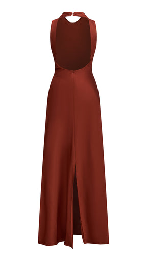 Abito lungo elegante senza maniche con scollo a collo drappeggiato e dettaglio a fibbia, in tessuto fluido, per cerimonie e occasioni speciali