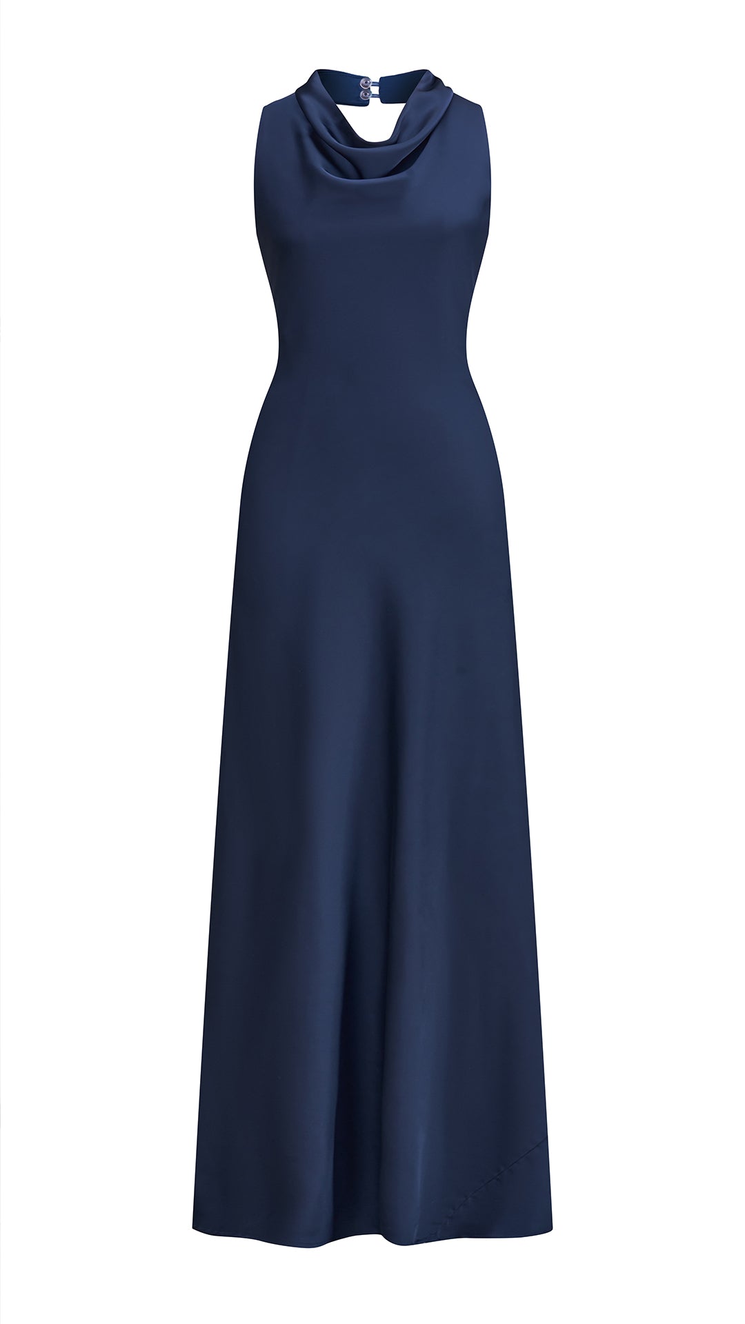 Abito lungo elegante senza maniche con scollo a collo drappeggiato e dettaglio a fibbia, in tessuto fluido, per cerimonie e occasioni speciali