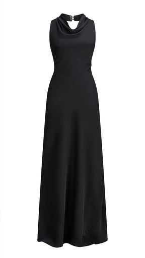 Abito lungo elegante senza maniche con scollo a collo drappeggiato e dettaglio a fibbia, in tessuto fluido, per cerimonie e occasioni speciali