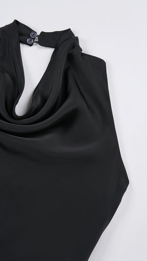 Abito lungo elegante senza maniche con scollo a collo drappeggiato e dettaglio a fibbia, in tessuto fluido, per cerimonie e occasioni speciali