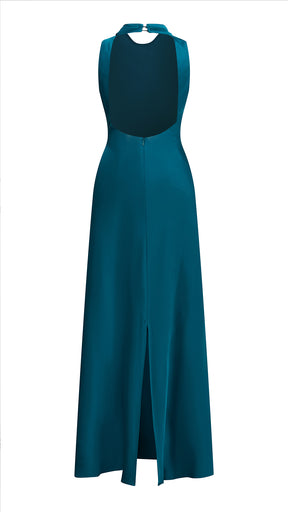 Abito lungo elegante senza maniche con scollo a collo drappeggiato e dettaglio a fibbia, in tessuto fluido, per cerimonie e occasioni speciali