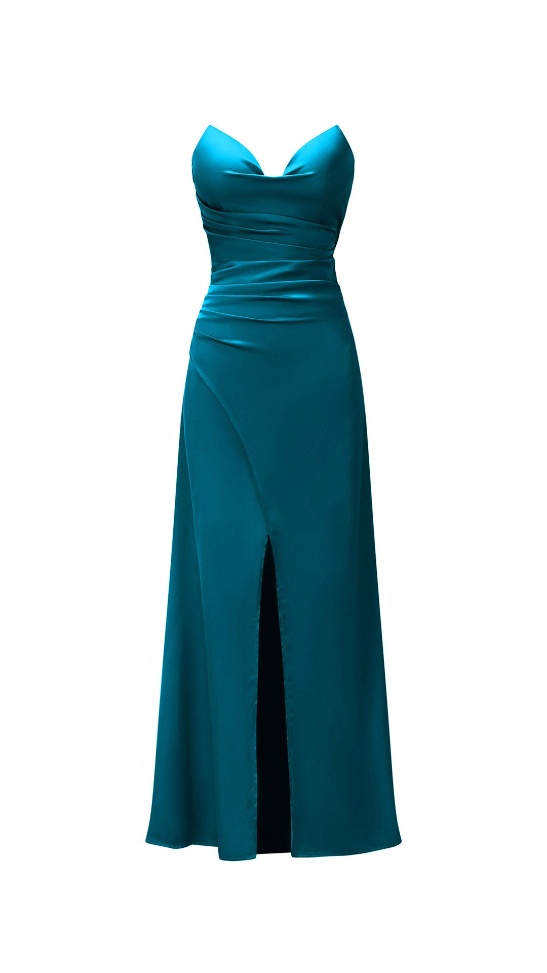 Abito lungo in raso donna, spalline sottili, collo a cascata, spacco frontale, elegante per cerimonie