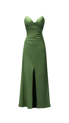 Abito lungo in raso donna, spalline sottili, collo a cascata, spacco frontale, elegante per cerimonie