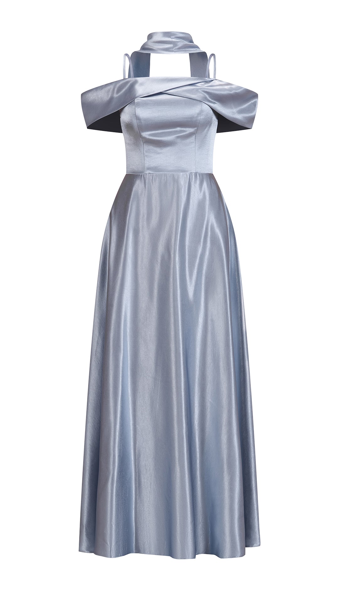Vestito Lungo Satin Donna con Colletto Alto e Spalle Scoperte, Abito Elegante Cerimonia Busto Arricciato e Gonna Svasata