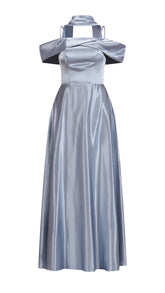 Vestito Lungo Satin Donna con Colletto Alto e Spalle Scoperte, Abito Elegante Cerimonia Busto Arricciato e Gonna Svasata