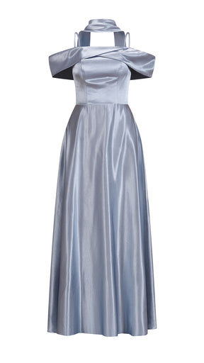 Vestito Lungo Satin Donna con Colletto Alto e Spalle Scoperte, Abito Elegante Cerimonia Busto Arricciato e Gonna Svasata