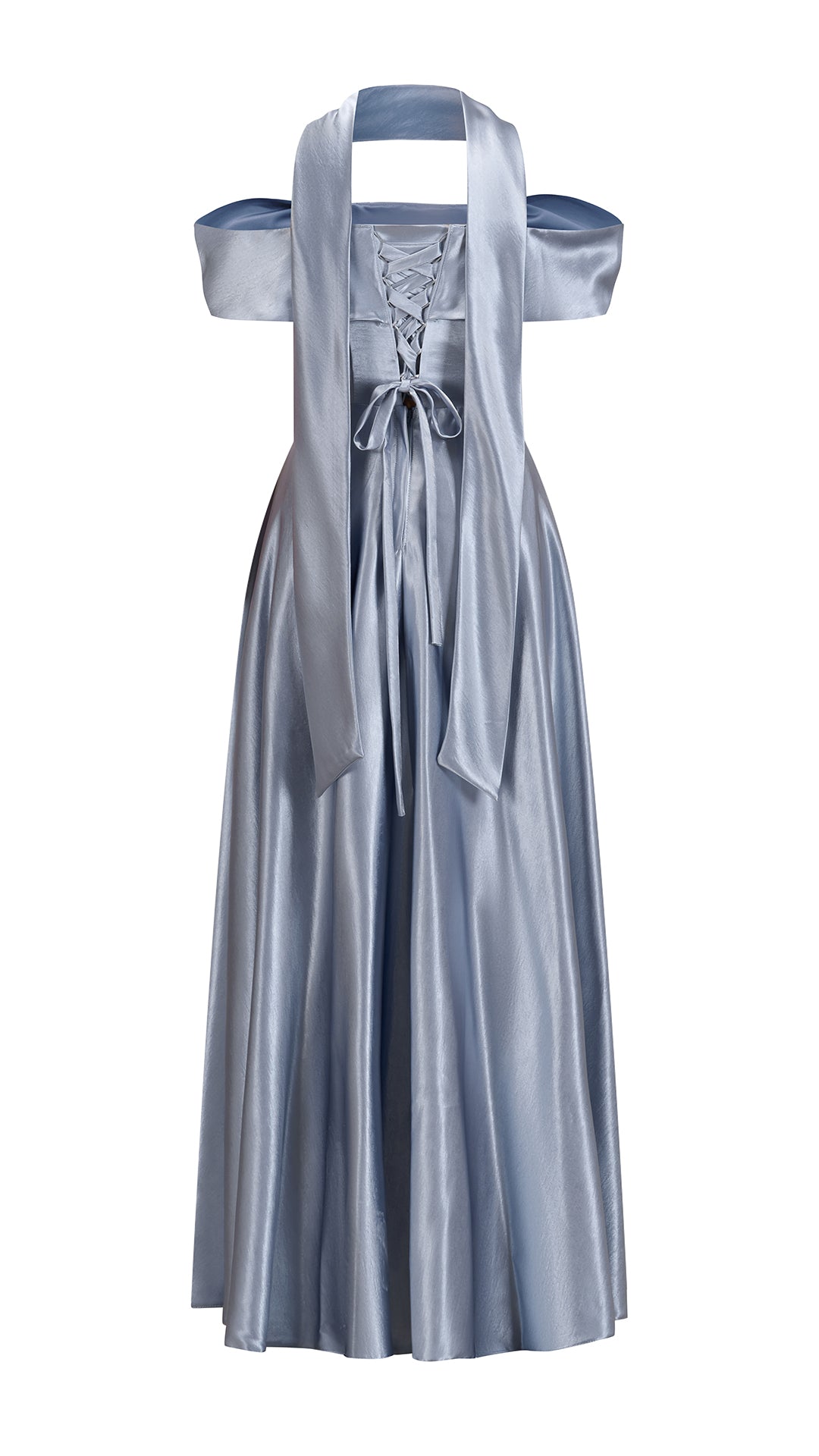 Vestito Lungo Satin Donna con Colletto Alto e Spalle Scoperte, Abito Elegante Cerimonia Busto Arricciato e Gonna Svasata