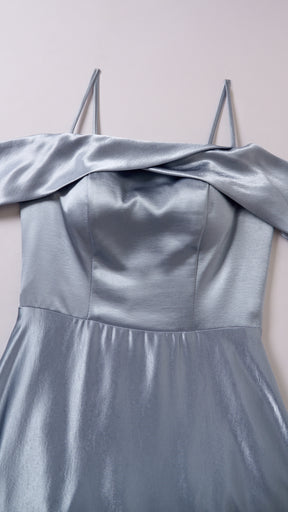 Vestito Lungo Satin Donna con Colletto Alto e Spalle Scoperte, Abito Elegante Cerimonia Busto Arricciato e Gonna Svasata