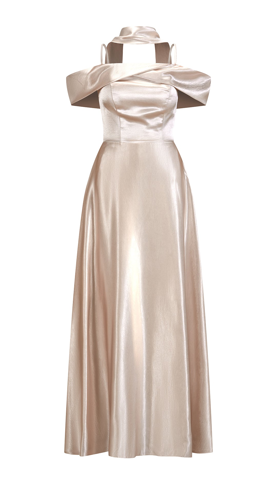 Vestito Lungo Satin Donna con Colletto Alto e Spalle Scoperte, Abito Elegante Cerimonia Busto Arricciato e Gonna Svasata