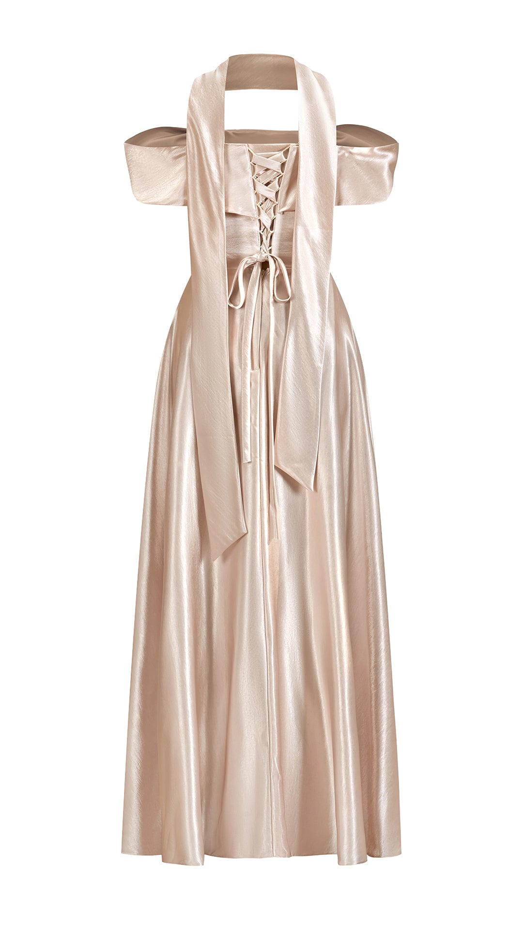 Vestito Lungo Satin Donna con Colletto Alto e Spalle Scoperte, Abito Elegante Cerimonia Busto Arricciato e Gonna Svasata