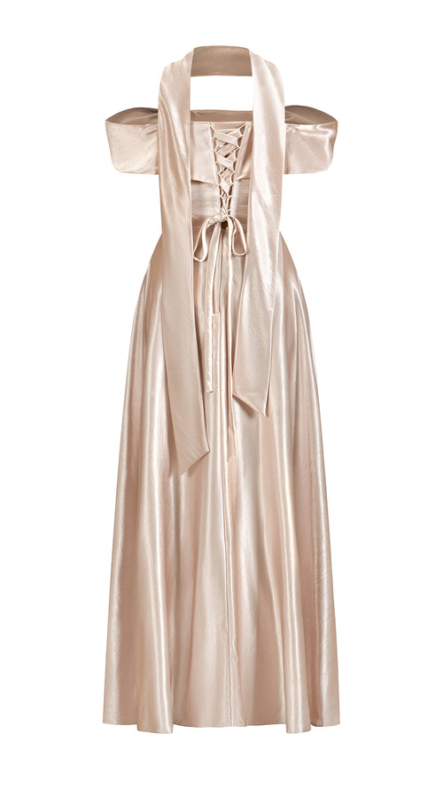 Vestito Lungo Satin Donna con Colletto Alto e Spalle Scoperte, Abito Elegante Cerimonia Busto Arricciato e Gonna Svasata