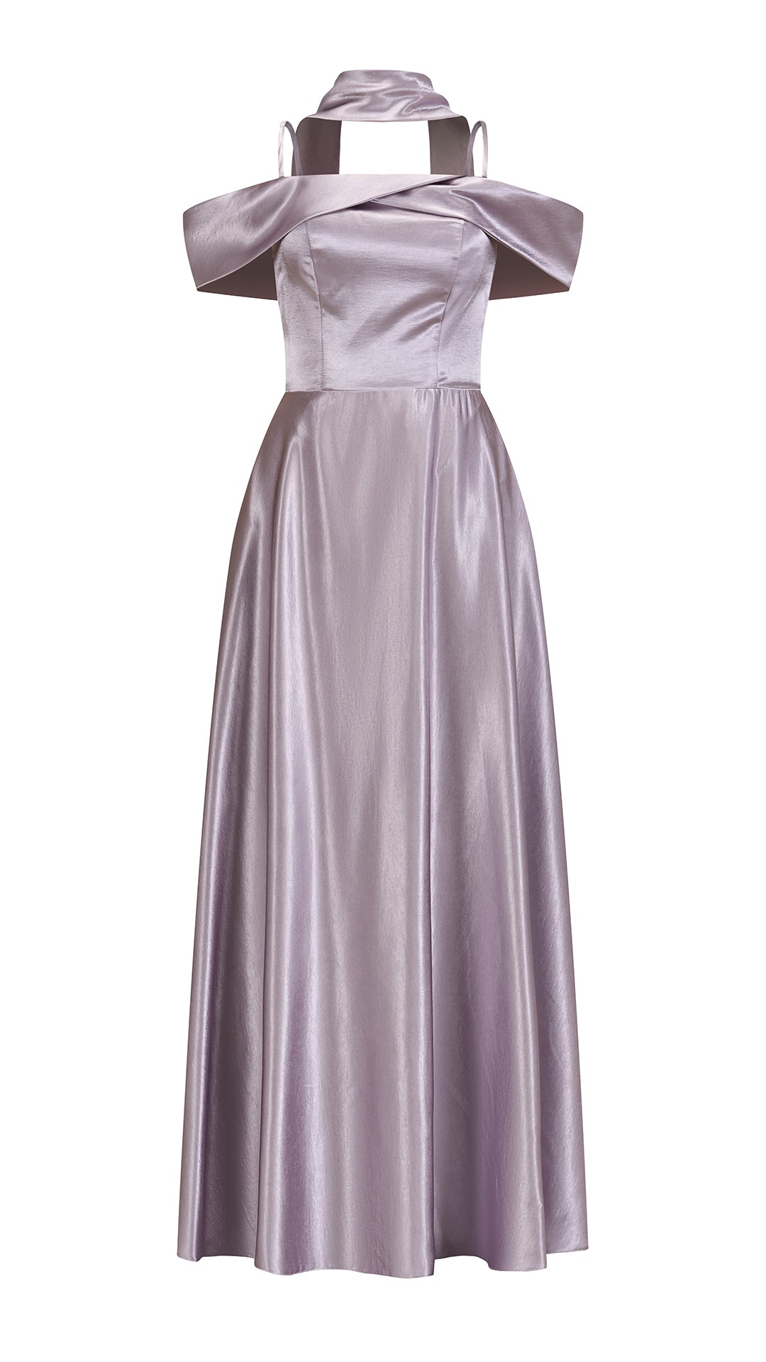 Vestito Lungo Satin Donna con Colletto Alto e Spalle Scoperte, Abito Elegante Cerimonia Busto Arricciato e Gonna Svasata