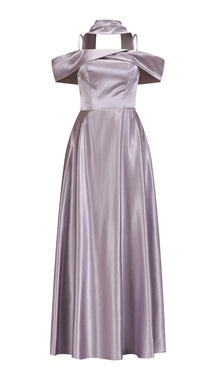 Vestito Lungo Satin Donna con Colletto Alto e Spalle Scoperte, Abito Elegante Cerimonia Busto Arricciato e Gonna Svasata