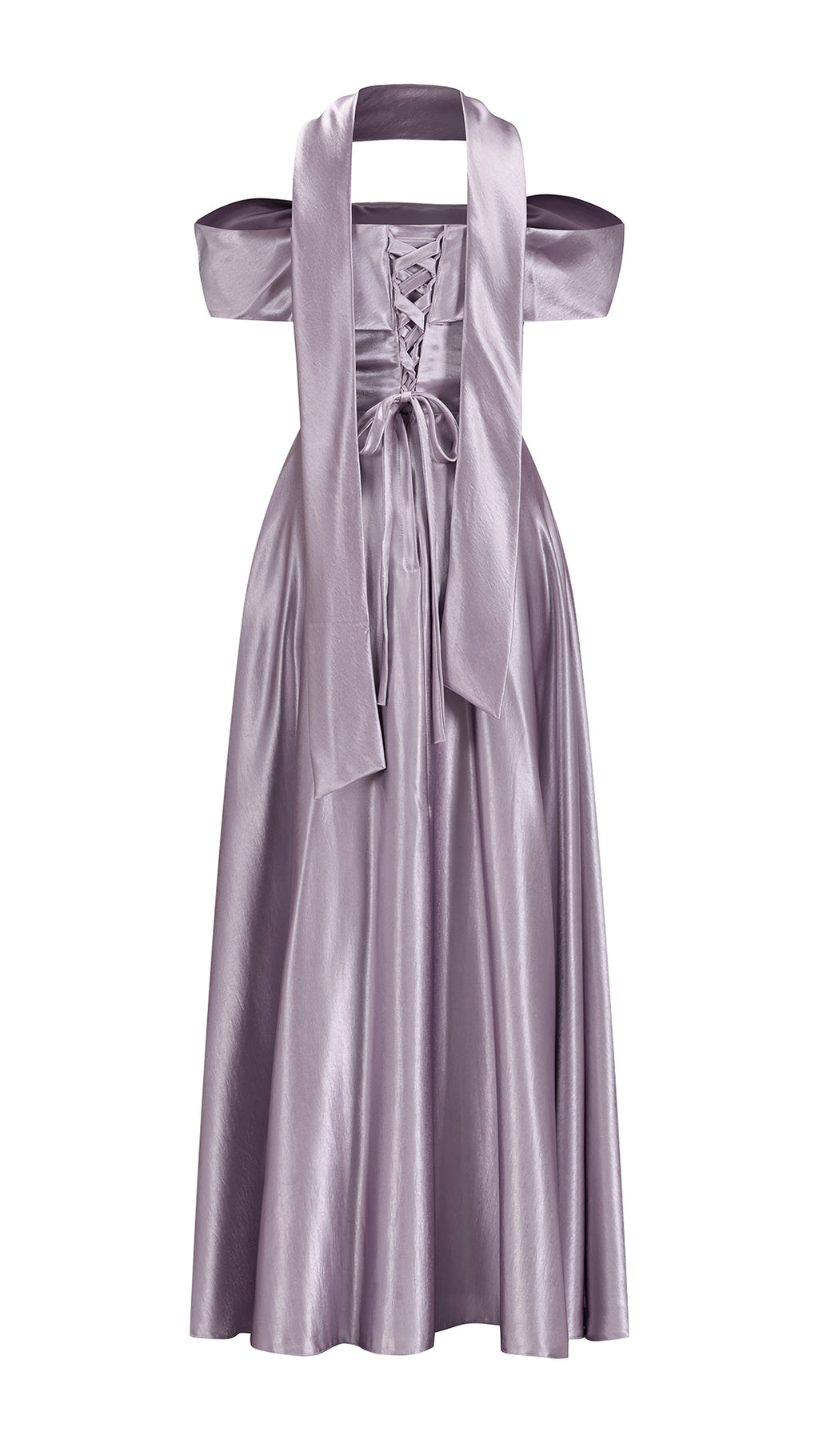 Vestito Lungo Satin Donna con Colletto Alto e Spalle Scoperte, Abito Elegante Cerimonia Busto Arricciato e Gonna Svasata