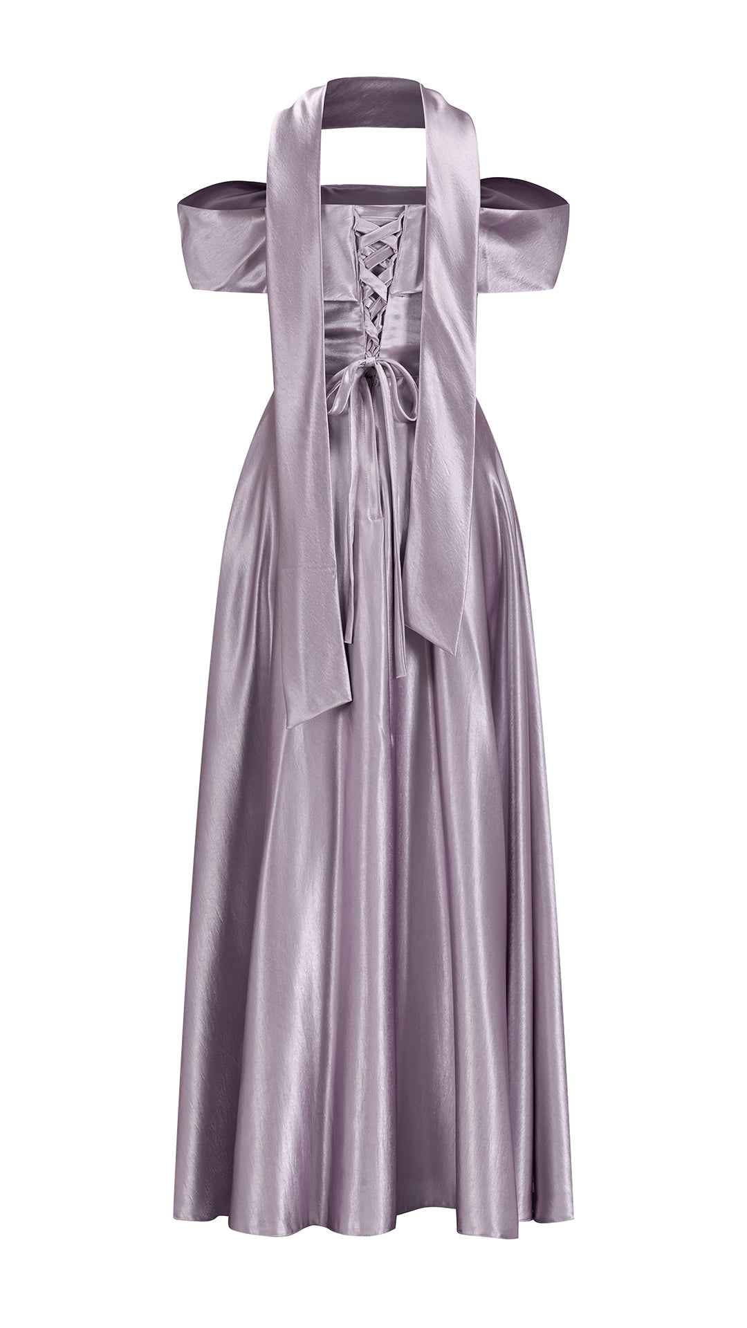 Vestito Lungo Satin Donna con Colletto Alto e Spalle Scoperte, Abito Elegante Cerimonia Busto Arricciato e Gonna Svasata