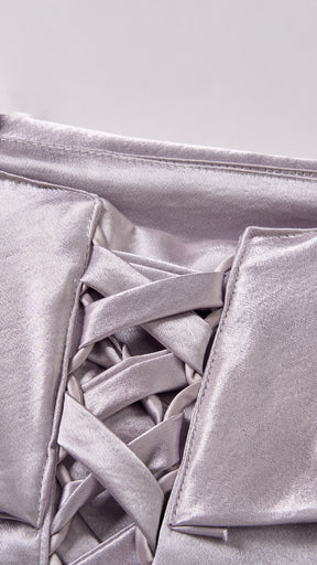 Vestito Lungo Satin Donna con Colletto Alto e Spalle Scoperte, Abito Elegante Cerimonia Busto Arricciato e Gonna Svasata
