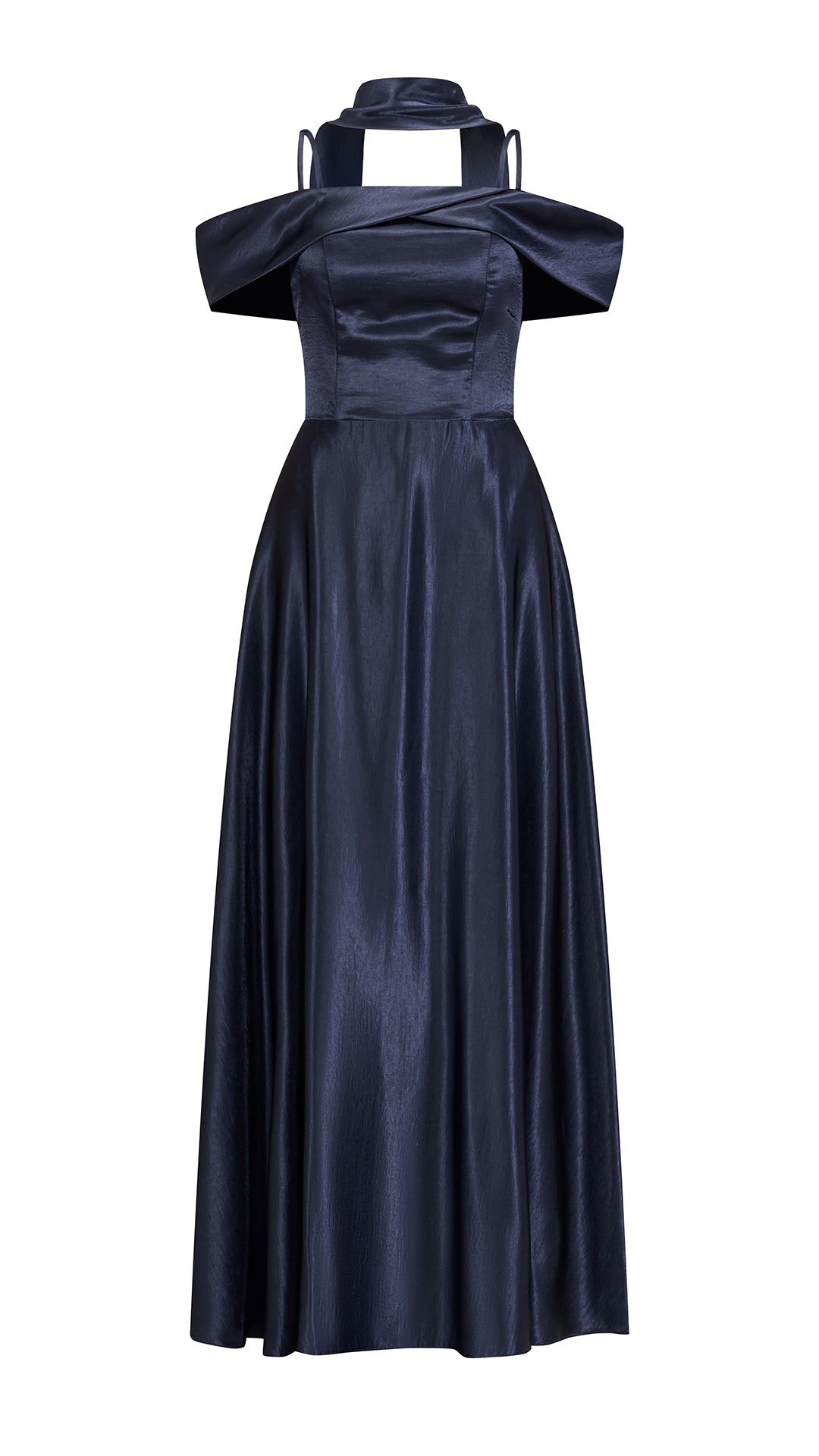 Vestito Lungo Satin Donna con Colletto Alto e Spalle Scoperte, Abito Elegante Cerimonia Busto Arricciato e Gonna Svasata