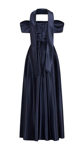 Vestito Lungo Satin Donna con Colletto Alto e Spalle Scoperte, Abito Elegante Cerimonia Busto Arricciato e Gonna Svasata