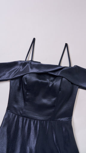 Vestito Lungo Satin Donna con Colletto Alto e Spalle Scoperte, Abito Elegante Cerimonia Busto Arricciato e Gonna Svasata