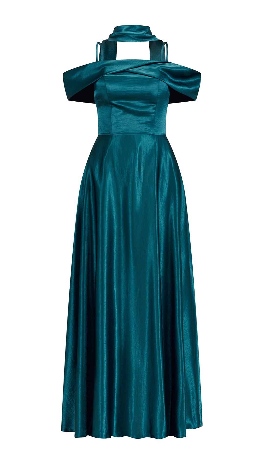 Vestito Lungo Satin Donna con Colletto Alto e Spalle Scoperte, Abito Elegante Cerimonia Busto Arricciato e Gonna Svasata