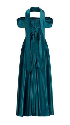 Vestito Lungo Satin Donna con Colletto Alto e Spalle Scoperte, Abito Elegante Cerimonia Busto Arricciato e Gonna Svasata