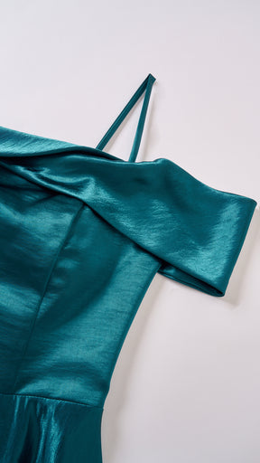 Vestito Lungo Satin Donna con Colletto Alto e Spalle Scoperte, Abito Elegante Cerimonia Busto Arricciato e Gonna Svasata