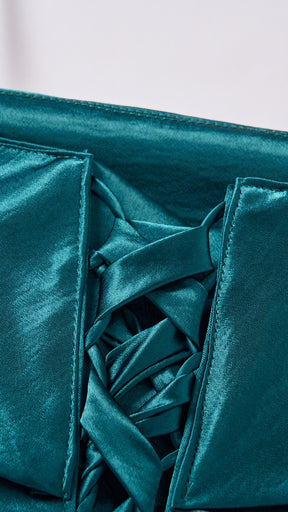 Vestito Lungo Satin Donna con Colletto Alto e Spalle Scoperte, Abito Elegante Cerimonia Busto Arricciato e Gonna Svasata