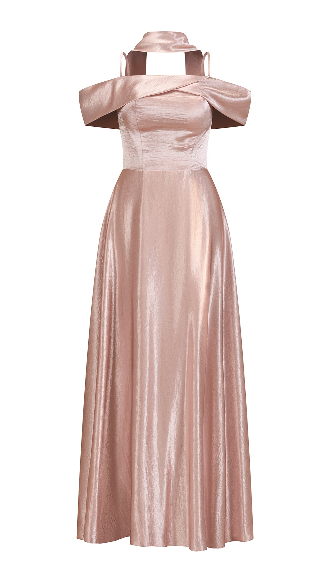 Vestito Lungo Satin Donna con Colletto Alto e Spalle Scoperte, Abito Elegante Cerimonia Busto Arricciato e Gonna Svasata
