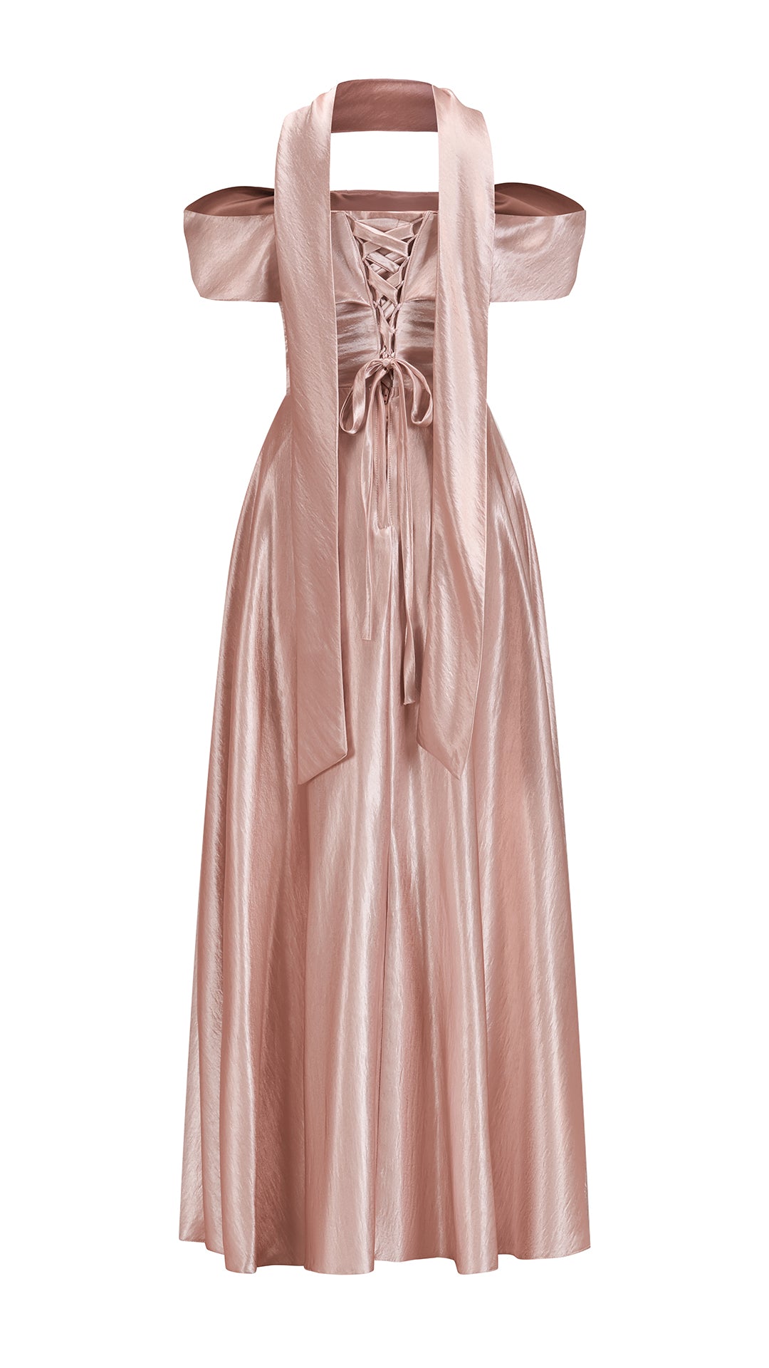 Vestito Lungo Satin Donna con Colletto Alto e Spalle Scoperte, Abito Elegante Cerimonia Busto Arricciato e Gonna Svasata