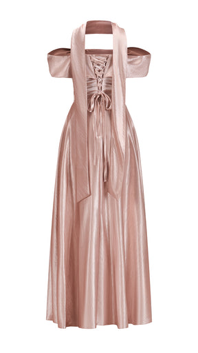 Vestito Lungo Satin Donna con Colletto Alto e Spalle Scoperte, Abito Elegante Cerimonia Busto Arricciato e Gonna Svasata