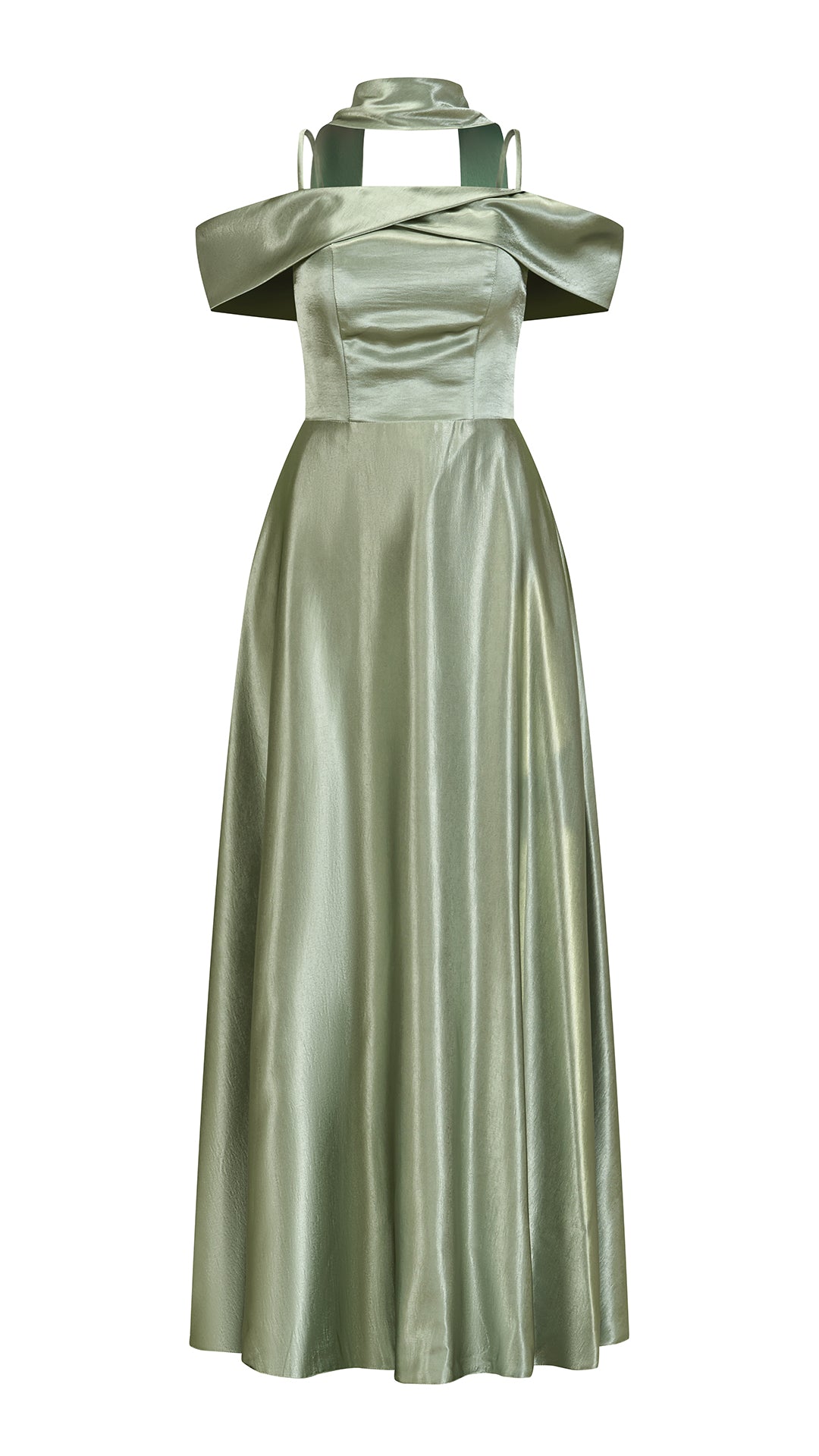Vestito Lungo Satin Donna con Colletto Alto e Spalle Scoperte, Abito Elegante Cerimonia Busto Arricciato e Gonna Svasata