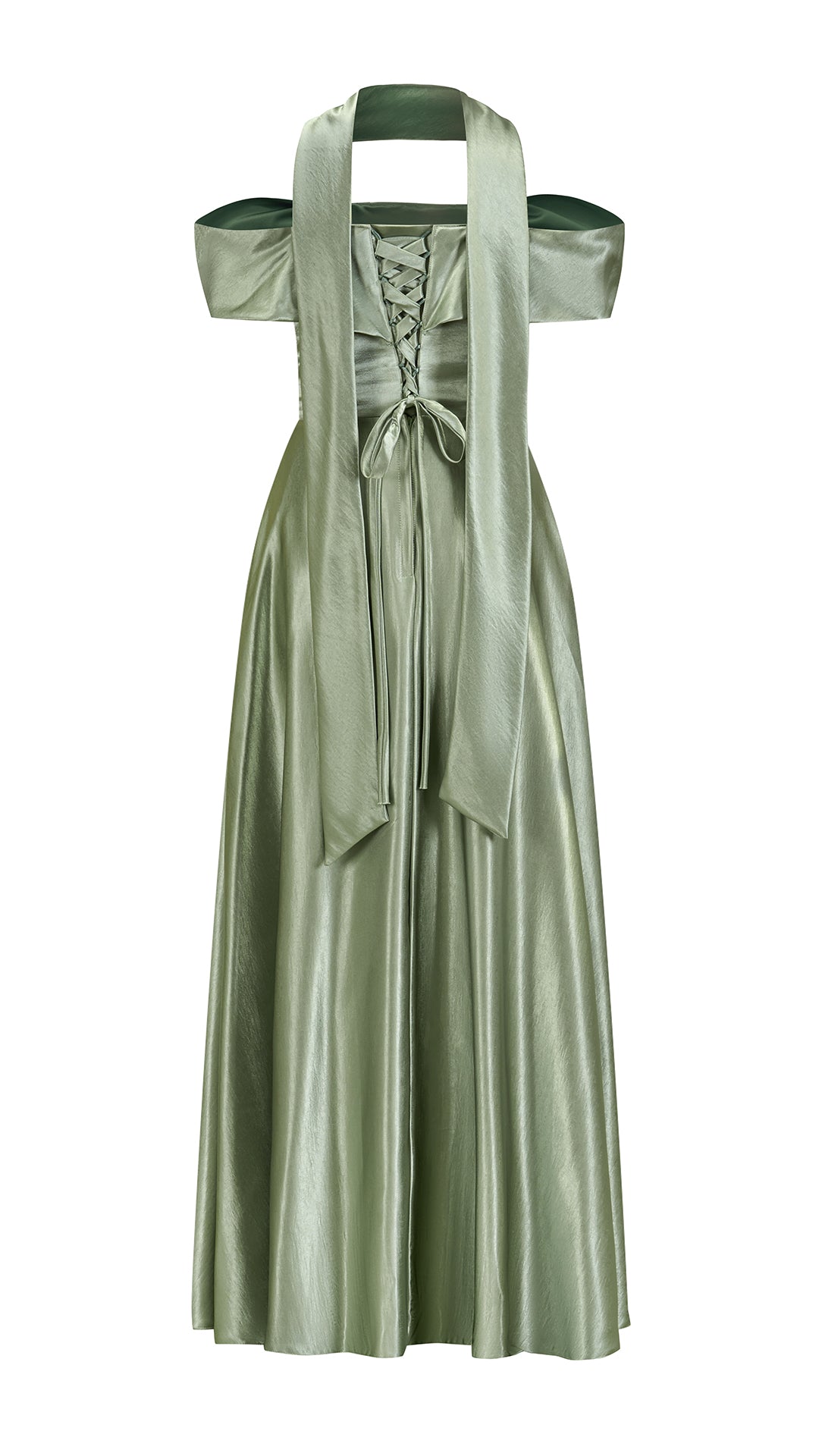 Vestito Lungo Satin Donna con Colletto Alto e Spalle Scoperte, Abito Elegante Cerimonia Busto Arricciato e Gonna Svasata