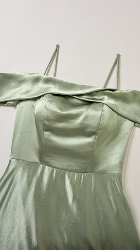 Vestito Lungo Satin Donna con Colletto Alto e Spalle Scoperte, Abito Elegante Cerimonia Busto Arricciato e Gonna Svasata
