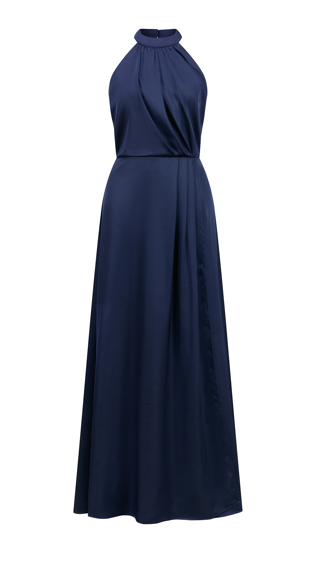 Abito lungo elegante con scollo a collo alto, senza maniche, in raso fluido, per cerimonie e occasioni speciali