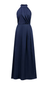 Abito lungo elegante con scollo a collo alto, senza maniche, in raso fluido, per cerimonie e occasioni speciali