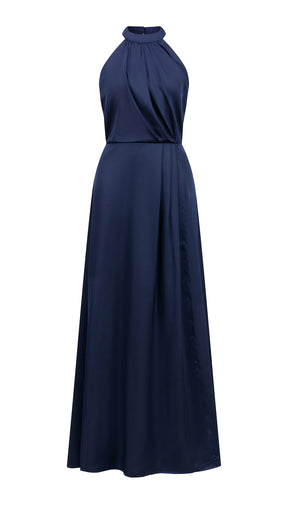 Abito lungo elegante con scollo a collo alto, senza maniche, in raso fluido, per cerimonie e occasioni speciali