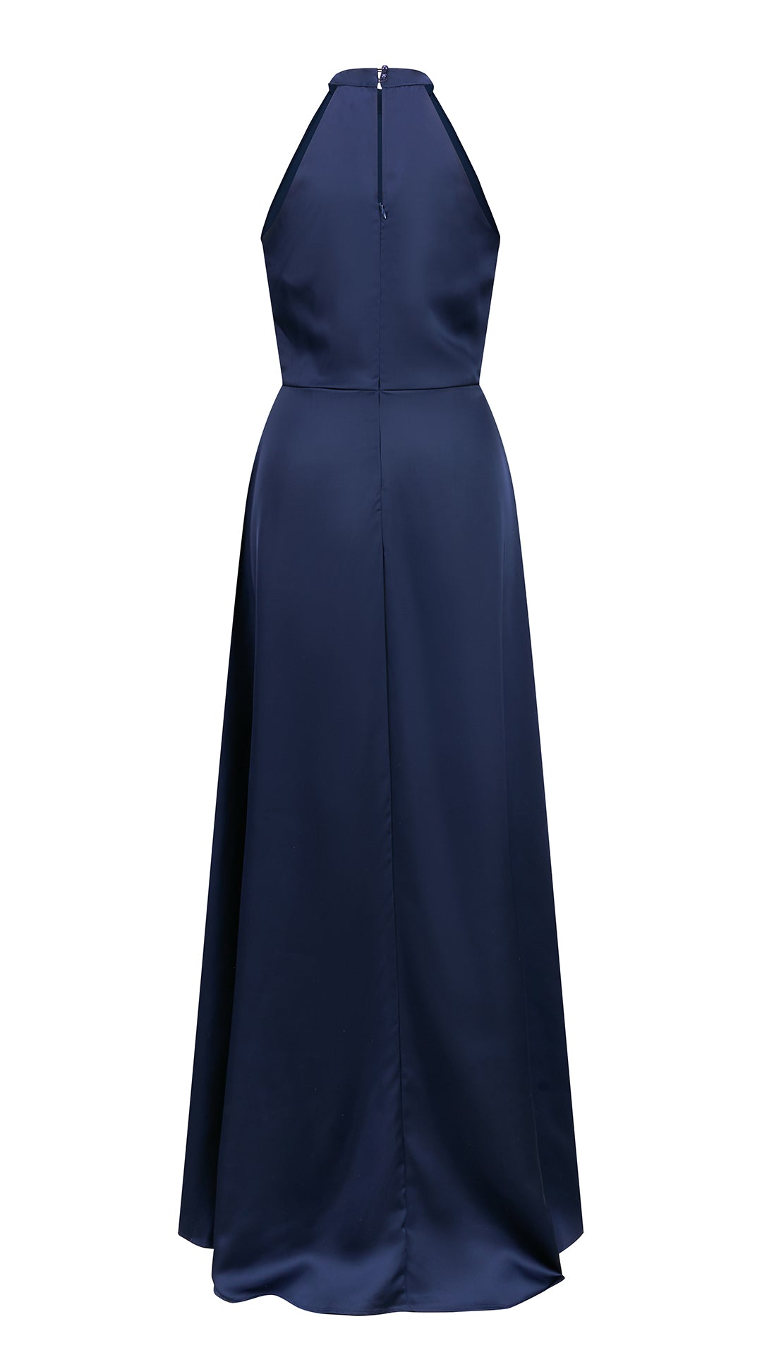 Abito lungo elegante con scollo a collo alto, senza maniche, in raso fluido, per cerimonie e occasioni speciali