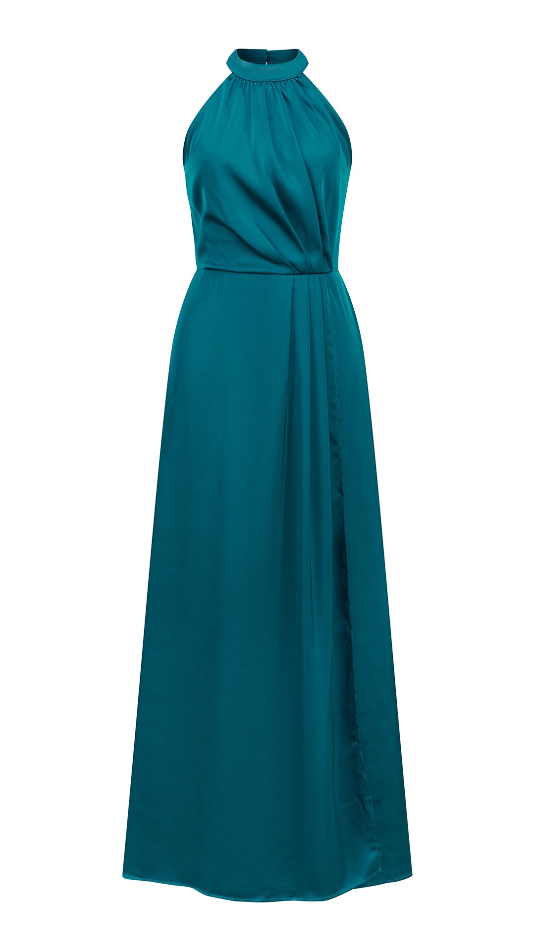 Abito lungo elegante con scollo a collo alto, senza maniche, in raso fluido, per cerimonie e occasioni speciali