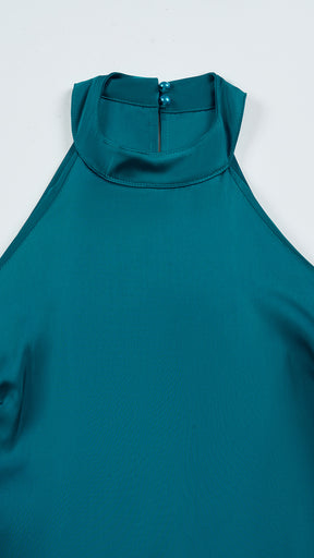 Abito lungo elegante con scollo a collo alto, senza maniche, in raso fluido, per cerimonie e occasioni speciali