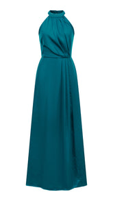 Abito lungo elegante con scollo a collo alto, senza maniche, in raso fluido, per cerimonie e occasioni speciali