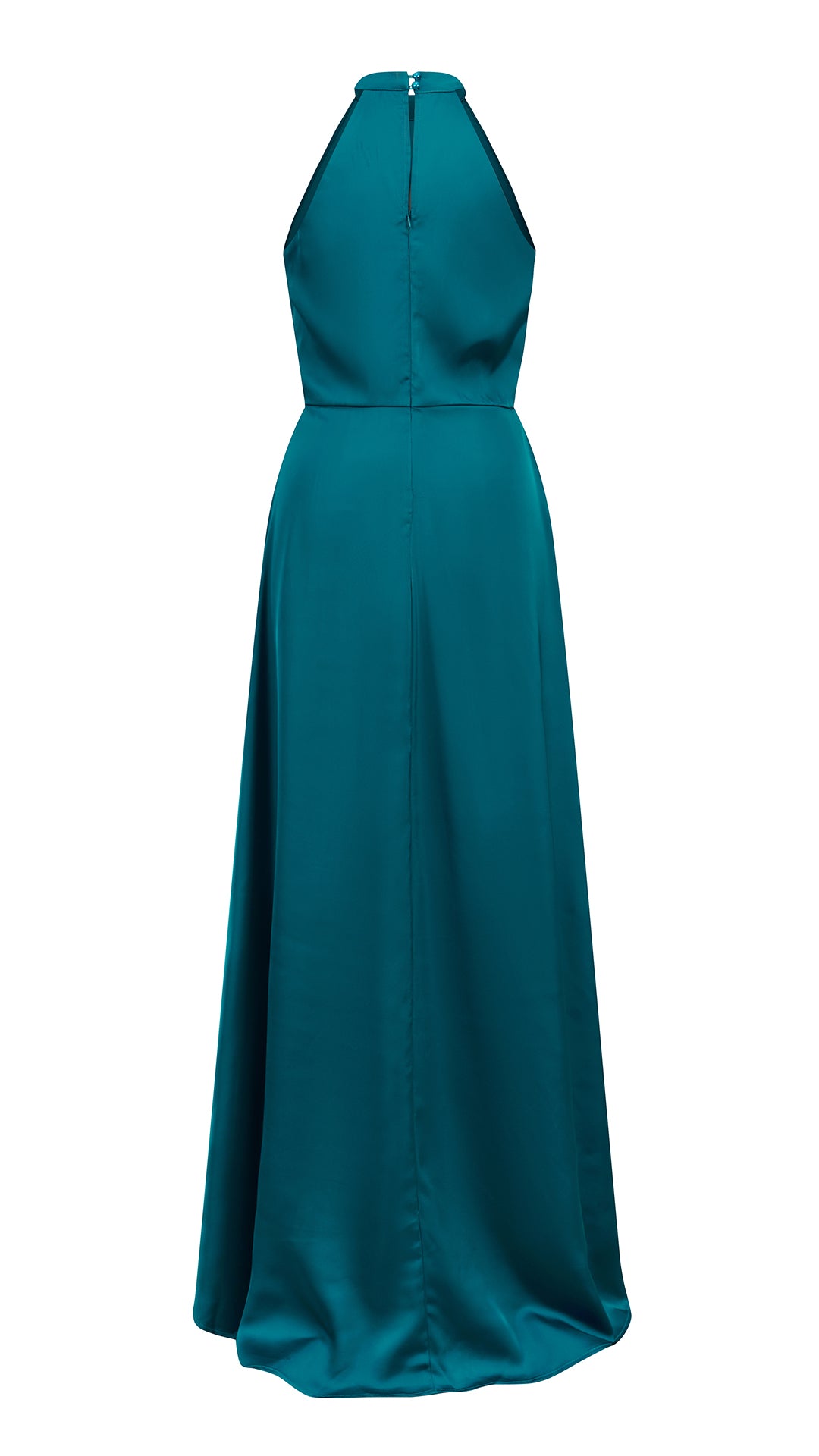 Abito lungo elegante con scollo a collo alto, senza maniche, in raso fluido, per cerimonie e occasioni speciali